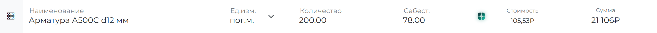 Строка расценки: наименование, количество, себестоимость с иконкой поиска, стоимость и сумма